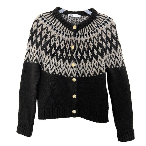 Zara Brown Fair Isle Jacquard Knit Cardigan Sweater Small Gold Buttons Alpaca - Picture 3 of 13